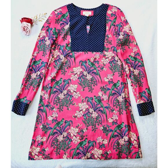 Maeve by Anthropologie Shift Dress Pink Floral Bird Print Long Sleeve Size 4 - Picture 5 of 11